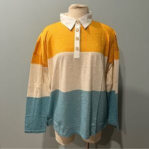 NWT Style & Co Oatmeal Heather Combo Striped Long Sleeve Rugby Polo Shirt XXL